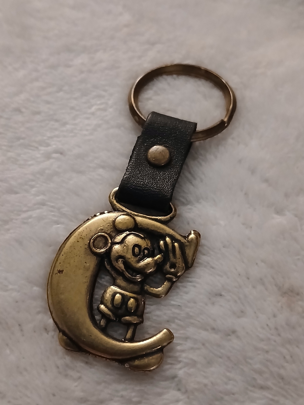 DISNEY Mickey Mouse "C" Brass Keychain + Black Leather Strap [VINTAGE]
